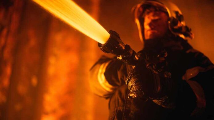 Close,Up,Low,Angle,Portrait,Of,A,Brave,Professional,Firefighter