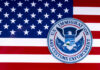 U.S. flag with the Immigration and Customs Enforcement emblem