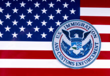 U.S. flag with the Immigration and Customs Enforcement emblem