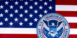 U.S. flag with the Immigration and Customs Enforcement emblem