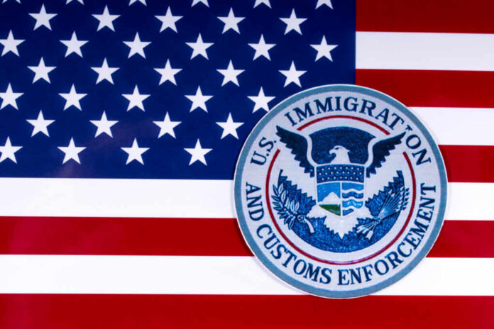 U.S. flag with the Immigration and Customs Enforcement emblem