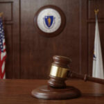 A wooden gavel resting on a table in a courtroom with flags in the background