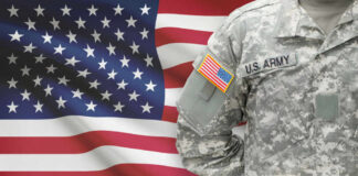 U.S. Army soldiers uniform with American flag in the background