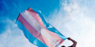 Person holding a transgender pride flag against a blue sky