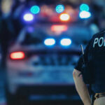 Police officer in a tactical vest standing in front of a police car with flashing lights