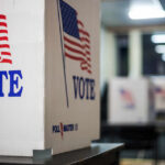 Voting booths with American flags in a polling station