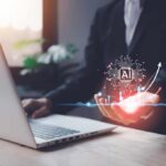 A business professional interacting with a digital representation of AI technology