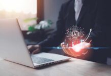 A business professional interacting with a digital representation of AI technology