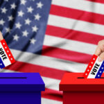 A hand placing a vote into a ballot box with an American flag background