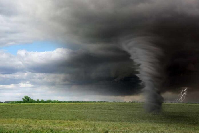 A tornado forming under dark storm clouds in an open field