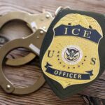 ICE officer badge next to handcuffs on a wooden surface