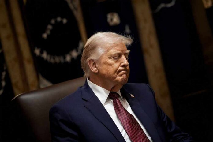 A political figure seated with a serious expression in a formal setting