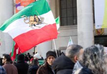 Crowd holding Iranian flags during a protest