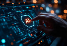 A hand interacting with a digital interface displaying AI in bright letters