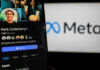 Close-up of a social media profile on a mobile device featuring a smiling individual and a Meta logo in the background