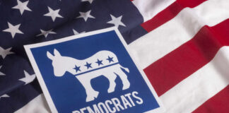 Democratic Party logo featuring a donkey on an American flag background