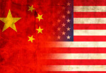 Flags of China and the USA blended together with a textured background