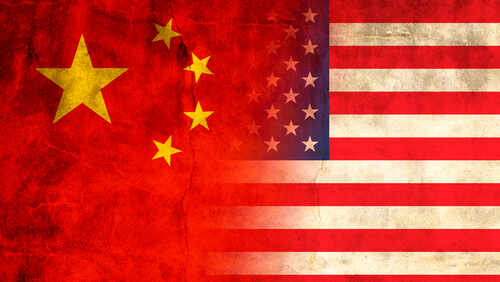 Flags of China and the USA blended together with a textured background