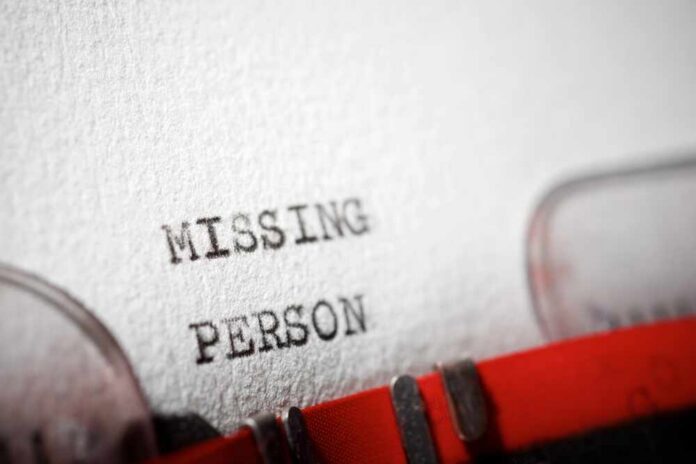 Close-up of a typewritten document with the words 'MISSING PERSON'