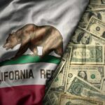 California state flag featuring a bear overlaid on a background of U.S. dollar bills