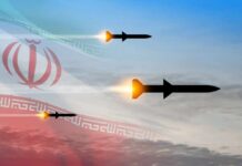 Three missiles launching against a backdrop of the Iranian flag