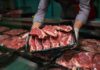 A butcher holding a tray of fresh meat cuts
