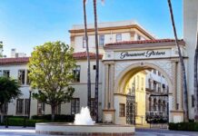 Entrance gate of Paramount Pictures studio with a fountain