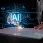 A hand interacting with a digital interface displaying AI technology