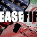 Graphic depicting a ceasefire between the US and Iran with flags and a handshake