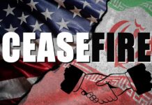 Ceasefire Chaos: Pakistan’s Role Under Scrutiny Graphic depicting a ceasefire between the US and Iran with flags and a handshake