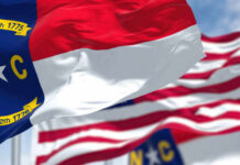 North Carolina state flag waving in the wind with historical dates