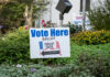 Sign indicating where to vote with a ballot drop box