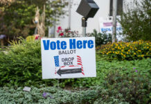Sign indicating where to vote with a ballot drop box