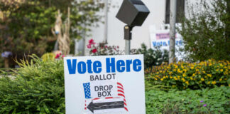 Sign indicating where to vote with a ballot drop box