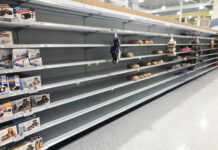 Energy Spike GUTS Paychecks Empty grocery store shelves with a few snack items remaining
