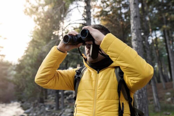 Man,In,Nature,,Looking,Through,Binoculars,,In,The,Forest Person in a yellow jacket using binoculars in a forest