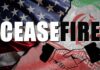 Graphic depicting a ceasefire between the US and Iran with flags and a handshake