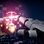 AI Scam Machine Goes Mainstream A human hand reaching out to a robotic hand, symbolizing interaction between AI and justice.