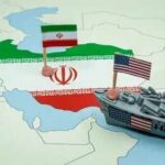 Map of Iran with Iranian and U.S. flags and a model warship