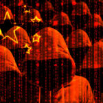 Abstract representation of hackers with binary code in a red and black color scheme
