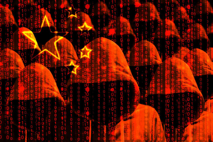 Abstract representation of hackers with binary code in a red and black color scheme