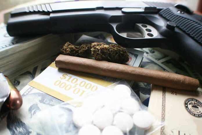 shutterstock_1325282750 Handgun with cash, pills, and marijuana on a table