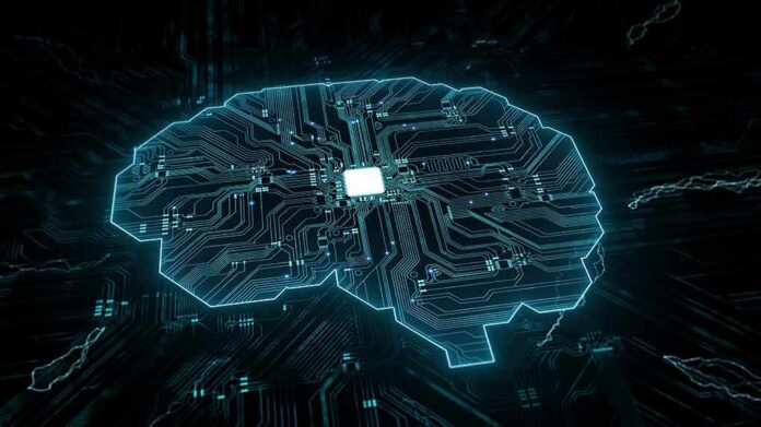 shutterstock_1698736867 Digital brain shaped circuit board with central microchip