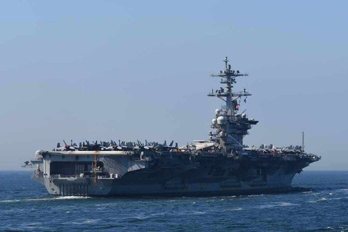 Aircraft carrier cruising at sea