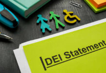 Colorful figures representing gender and accessibility next to a DEI statement document