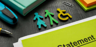 Colorful figures representing gender and accessibility next to a DEI statement document