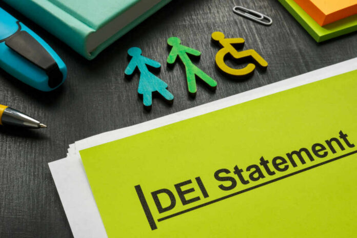 Colorful figures representing gender and accessibility next to a DEI statement document