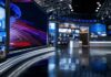 modern television news studio with large video screens