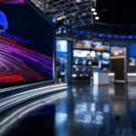 modern television news studio with large video screens