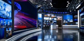 modern television news studio with large video screens